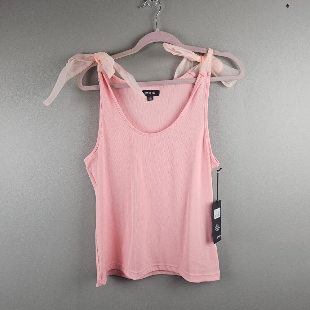 Wildfox Top Candy Pink Ribbed Stretch Tank Top Tie Bow‎ Sleeves Size Large
